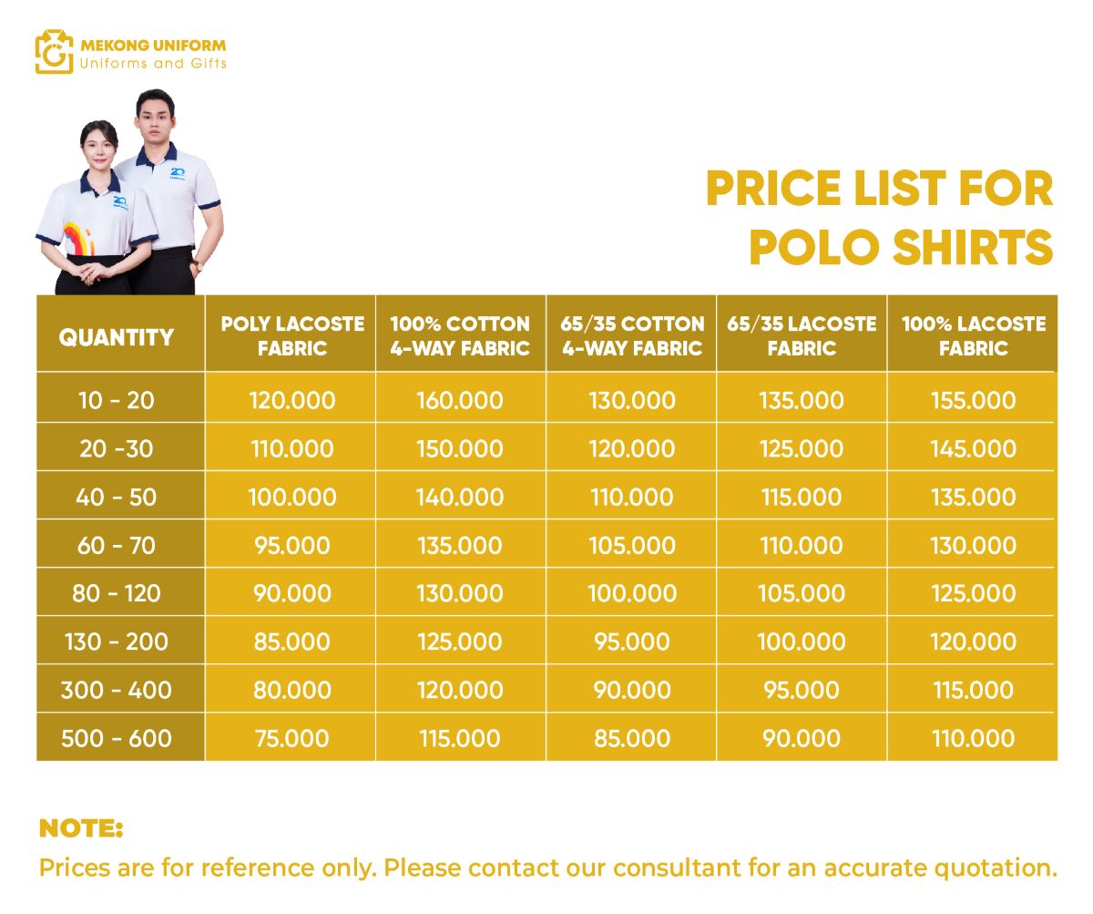 Price list for polo shirts
