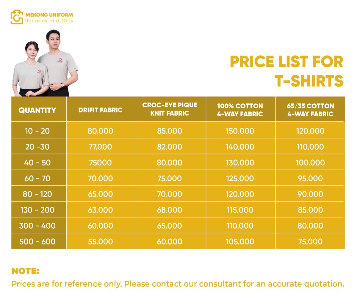 Price list for t-shirts