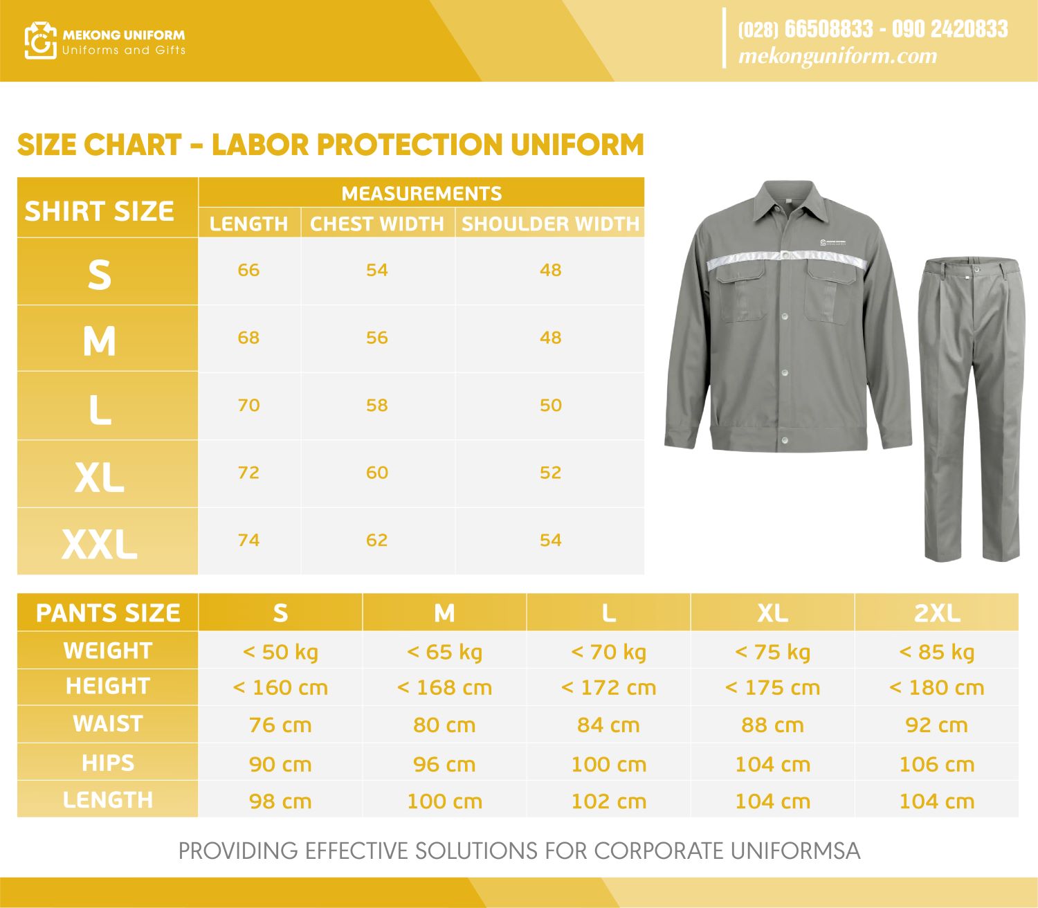 Size chart labor protection uniform
