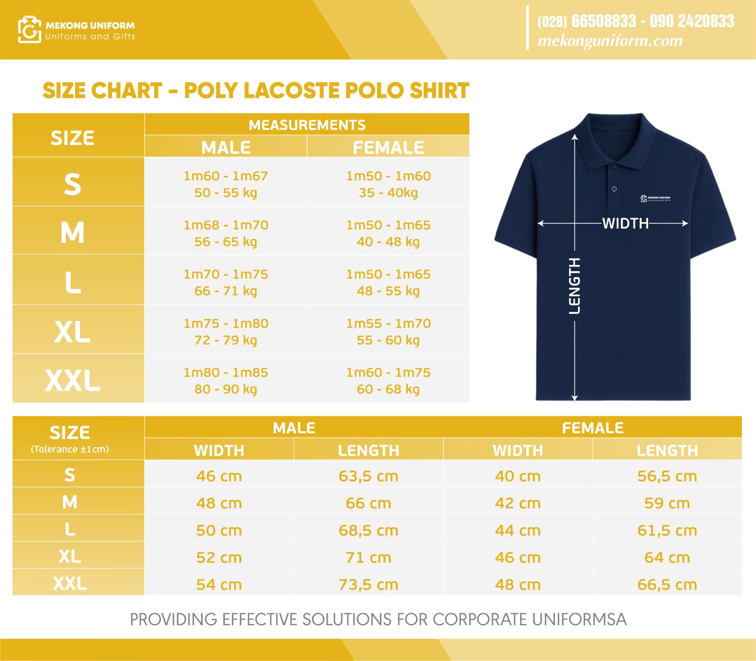 Size chart poly lacoste polo