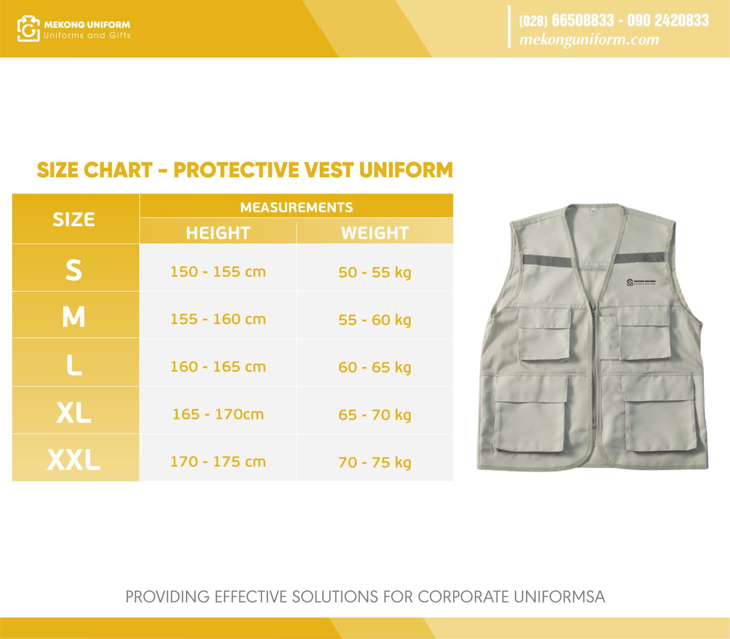 Size chart protective vest uniform