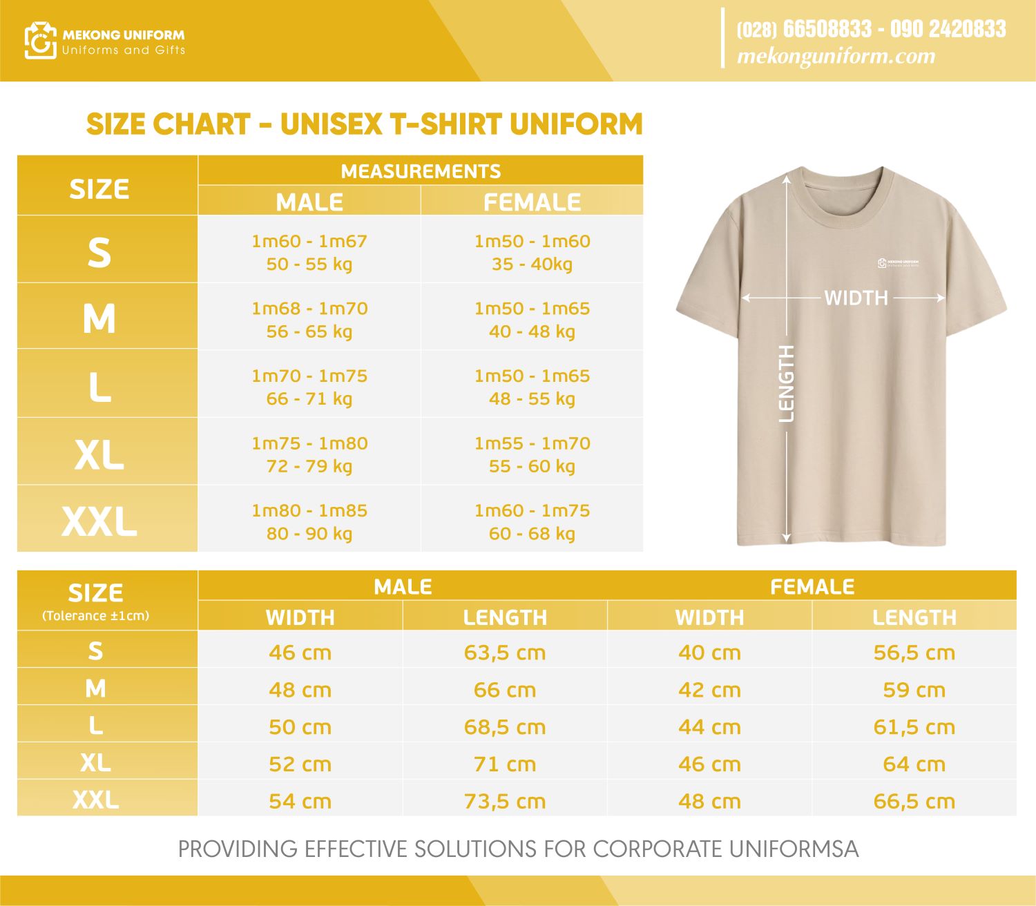 Size chart unisex t-shirt